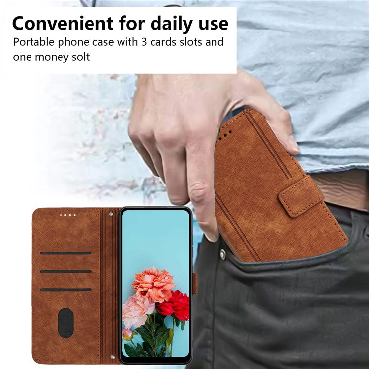 For Motorola Moto G15 4G Case Imprinted Lines Leather Phone Cover Folding Stand - Brown