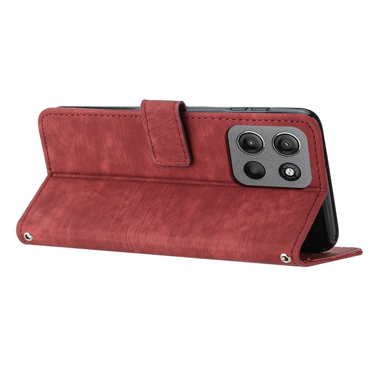 For Motorola Moto G15 4G Case Imprinted Lines Leather Phone Cover Folding Stand - Red