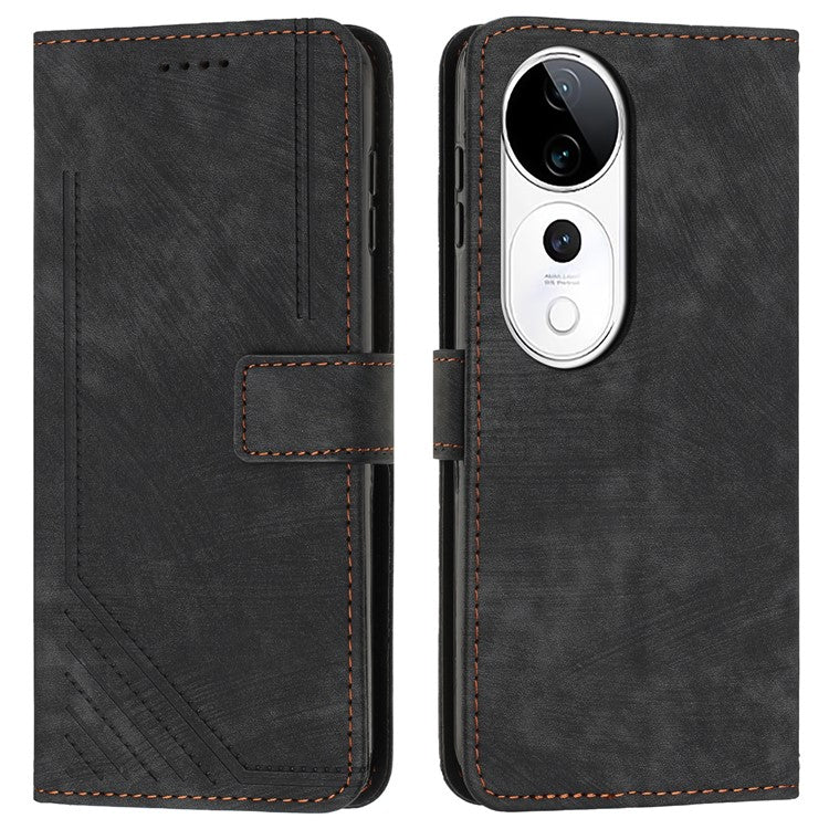 Leather Case For vivo V40 5G / V40 Pro 5G / T3 Ultra 5G / S19 Pro 5G Imprinted Lines Phone Cover Folding Stand - Black