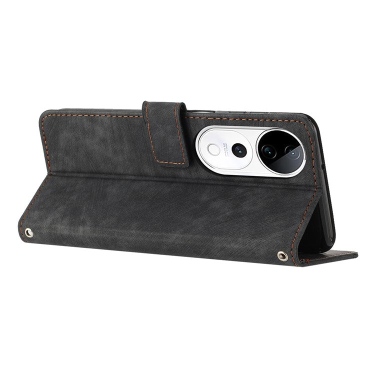 Leather Case For vivo V40 5G / V40 Pro 5G / T3 Ultra 5G / S19 Pro 5G Imprinted Lines Phone Cover Folding Stand - Black