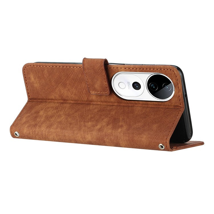 Leather Case For vivo V40 5G / V40 Pro 5G / T3 Ultra 5G / S19 Pro 5G Imprinted Lines Phone Cover Folding Stand - Brown