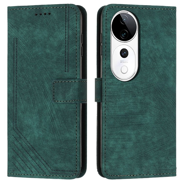 Leather Case For vivo V40 5G / V40 Pro 5G / T3 Ultra 5G / S19 Pro 5G Imprinted Lines Phone Cover Folding Stand - Green