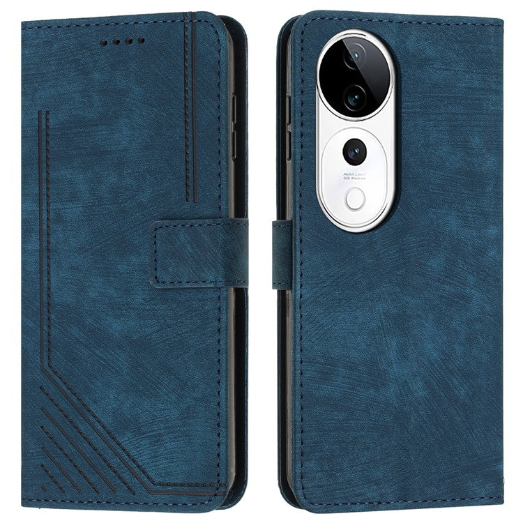 Leather Case For vivo V40 5G / V40 Pro 5G / T3 Ultra 5G / S19 Pro 5G Imprinted Lines Phone Cover Folding Stand - Sapphire