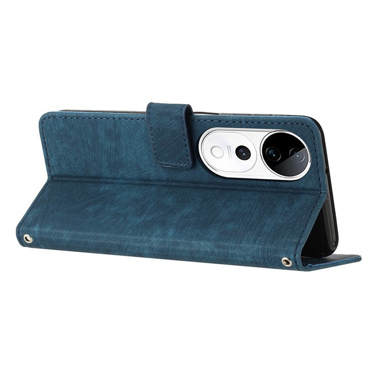 Leather Case For vivo V40 5G / V40 Pro 5G / T3 Ultra 5G / S19 Pro 5G Imprinted Lines Phone Cover Folding Stand - Sapphire