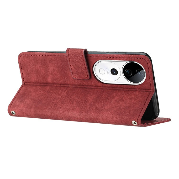Leather Case For vivo V40 5G / V40 Pro 5G / T3 Ultra 5G / S19 Pro 5G Imprinted Lines Phone Cover Folding Stand - Red