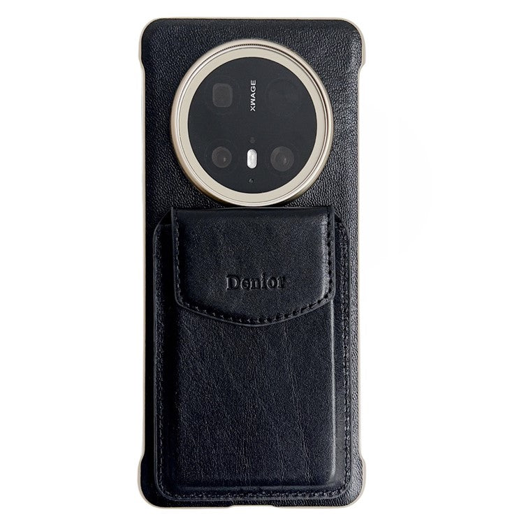 DENIOR For Huawei Mate 70 Magnetic Case Genuine Cow Leather PC Kickstand Phone Cover with Card Holder - Black