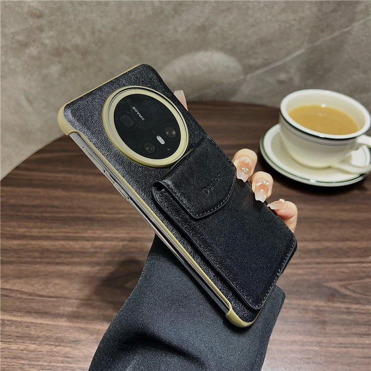 DENIOR For Huawei Mate 70 Magnetic Case Genuine Cow Leather PC Kickstand Phone Cover with Card Holder - Black