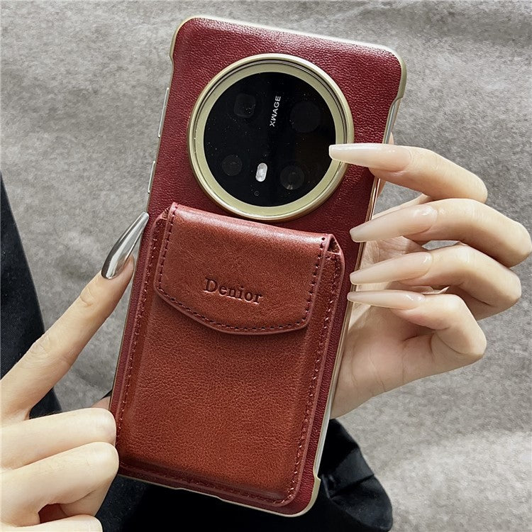 DENIOR For Huawei Mate 70 Magnetic Case Genuine Cow Leather PC Kickstand Phone Cover with Card Holder - Red