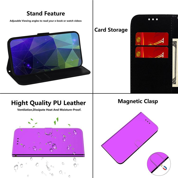 For Motorola Moto S30 Pro 5G / Edge 30 Fusion 5G Mirror-like Surface PU Leather Shockproof Case Flip Stand Wallet Phone Cover with Strap - Purple