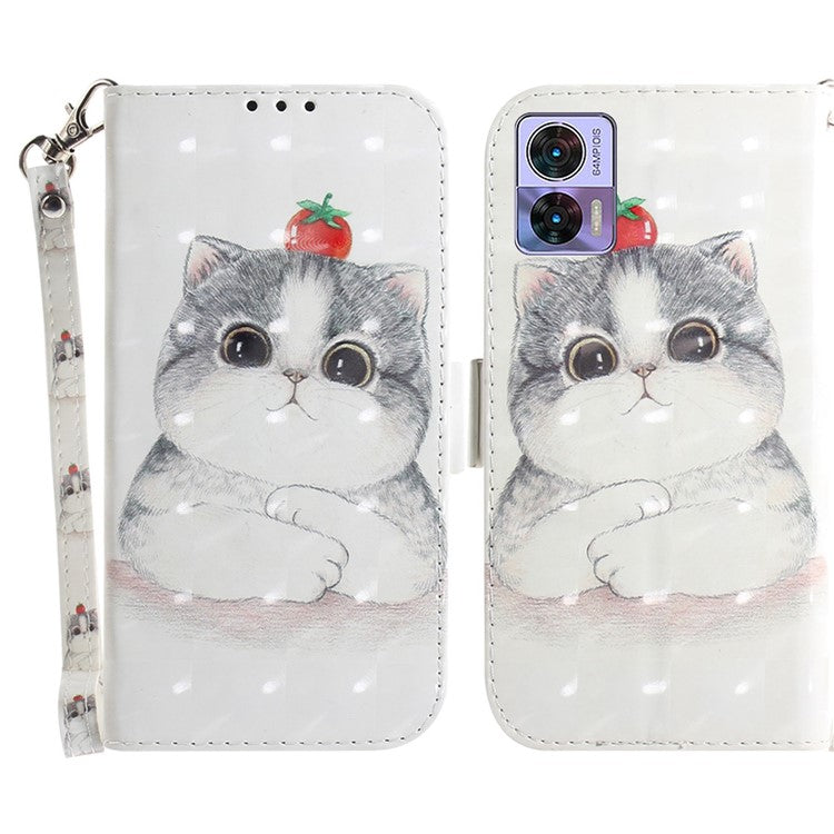 For Motorola Edge 30 Neo 5G / Edge 30 Lite 3D Pattern Printing Leather Flip Phone Case Wallet Stand Magnetic Shockproof Cover with Strap - Cute Cat