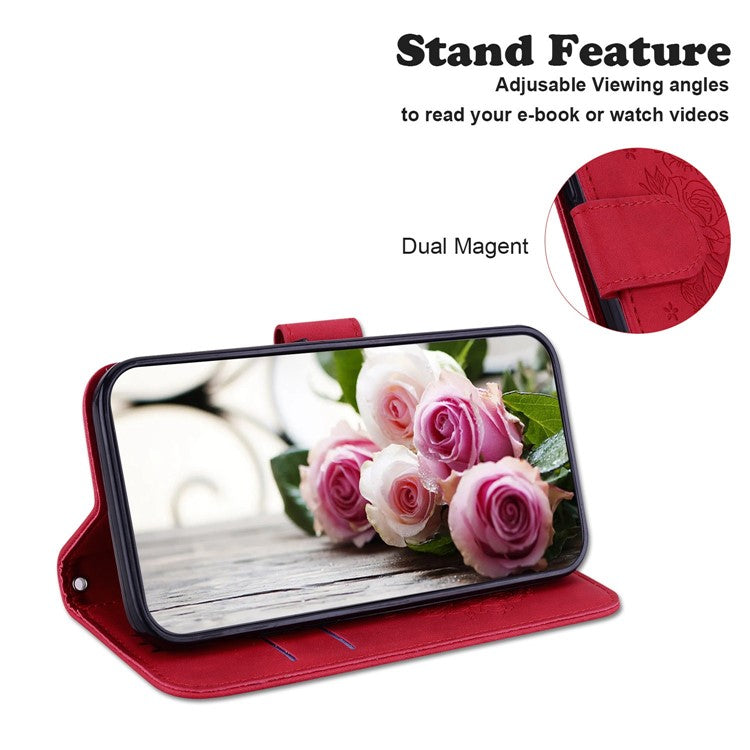 PU Leather Protective Phone Case for Motorola Edge 30 Neo 5G, Rose Butterfly Imprinted Anti-drop Cover Flip Stand Wallet Shell with Strap - Red