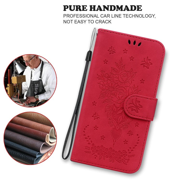 PU Leather Protective Phone Case for Motorola Edge 30 Neo 5G, Rose Butterfly Imprinted Anti-drop Cover Flip Stand Wallet Shell with Strap - Red