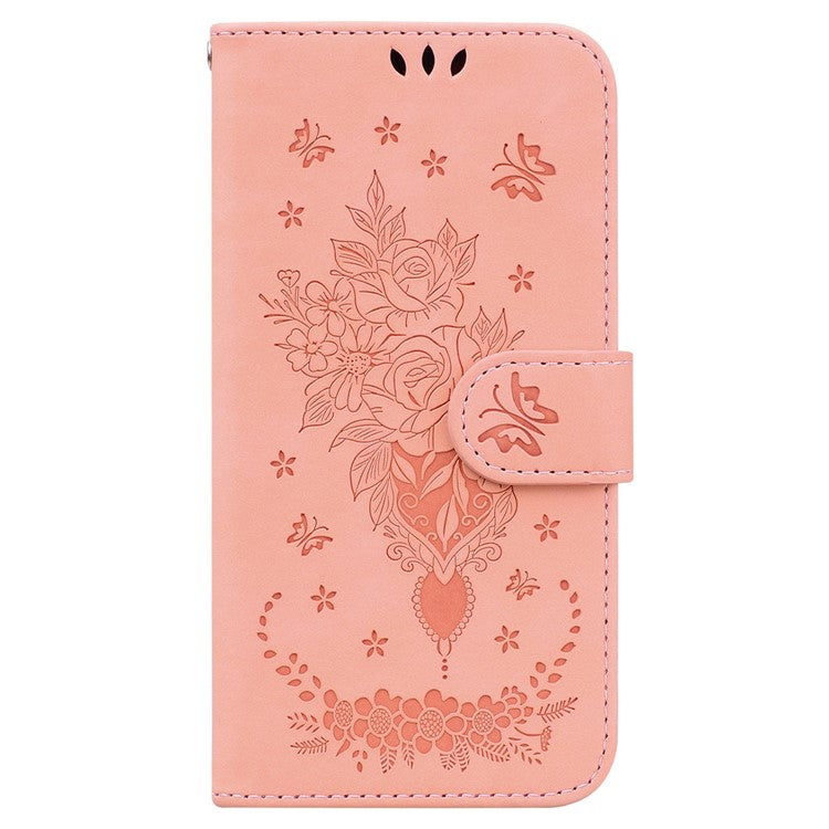 PU Leather Protective Phone Case for Motorola Edge 30 Neo 5G, Rose Butterfly Imprinted Anti-drop Cover Flip Stand Wallet Shell with Strap - Pink