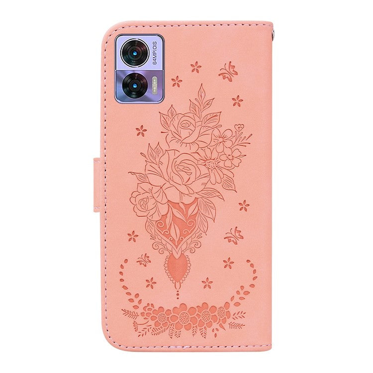 PU Leather Protective Phone Case for Motorola Edge 30 Neo 5G, Rose Butterfly Imprinted Anti-drop Cover Flip Stand Wallet Shell with Strap - Pink