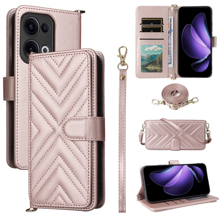 For Oppo Reno13 5G (Global) Wallet Case with Shoulder / Wrist Strap Leather Phone Cover Stand - Pink