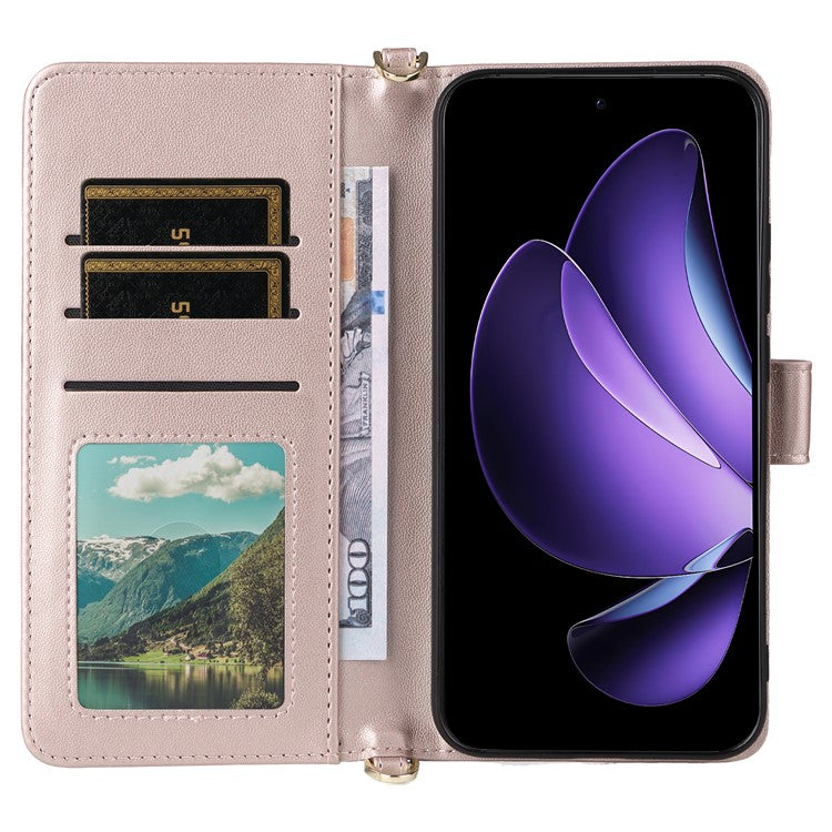 For Oppo Reno13 5G (Global) Wallet Case with Shoulder / Wrist Strap Leather Phone Cover Stand - Pink
