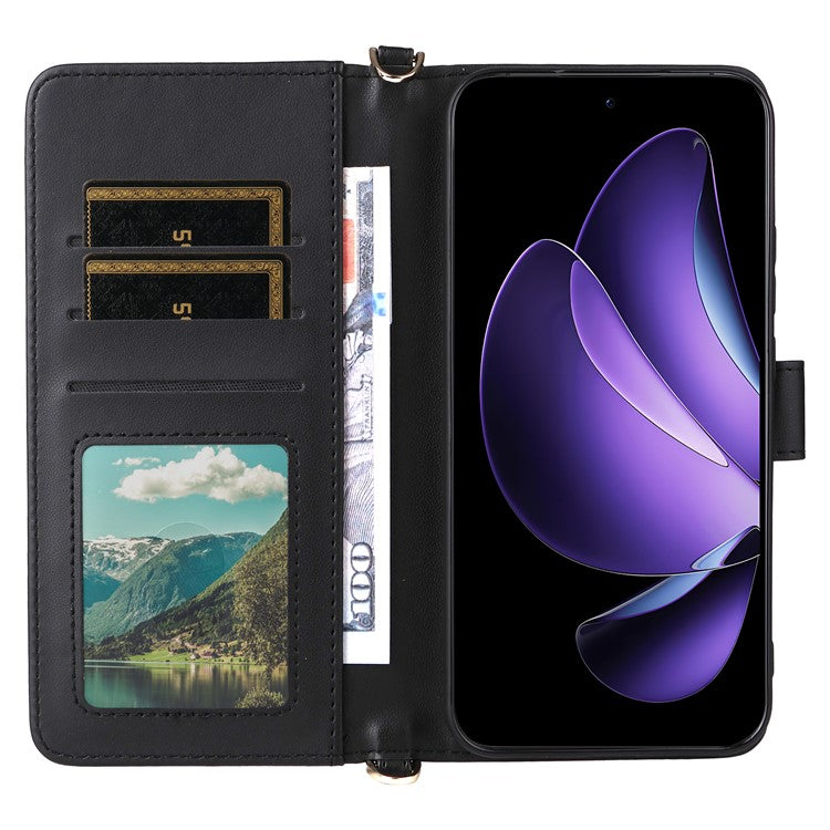 For Oppo Reno13 5G (Global) Wallet Case with Shoulder / Wrist Strap Leather Phone Cover Stand - Black