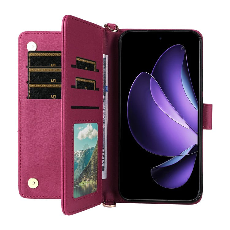 For Oppo Reno13 5G (Global) Wallet Case with Shoulder / Wrist Strap Leather Phone Cover Stand - Rose