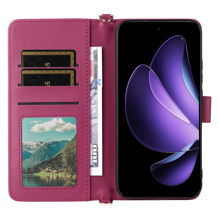 For Oppo Reno13 5G (Global) Wallet Case with Shoulder / Wrist Strap Leather Phone Cover Stand - Rose