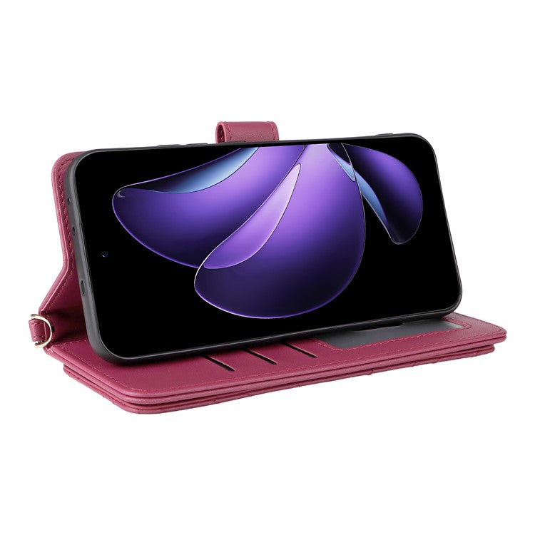 For Oppo Reno13 5G (Global) Wallet Case with Shoulder / Wrist Strap Leather Phone Cover Stand - Rose