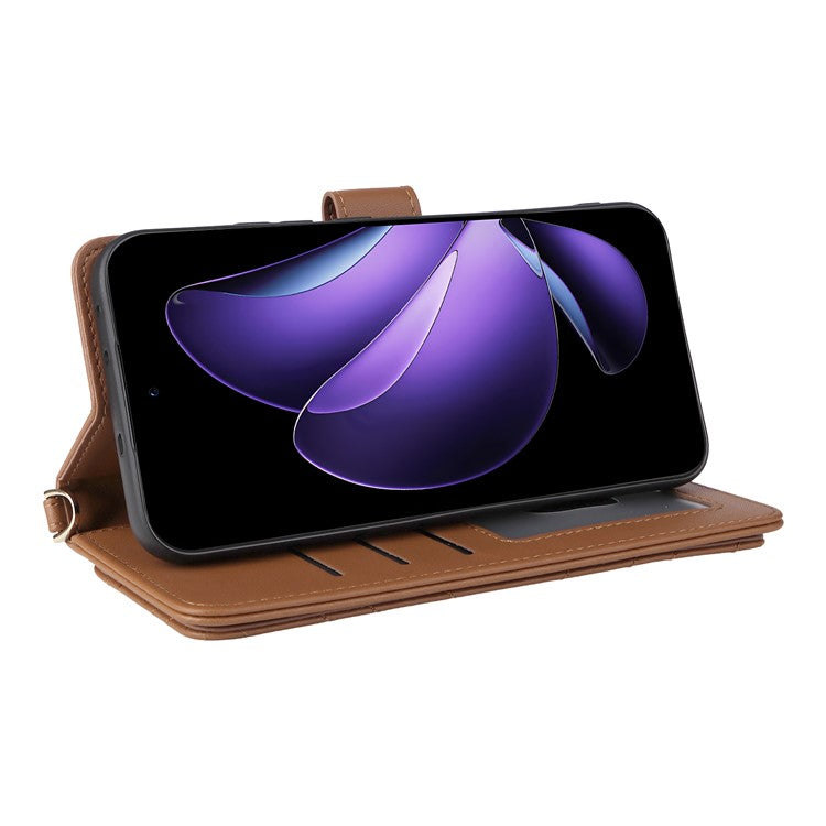 For Oppo Reno13 5G (Global) Wallet Case with Shoulder / Wrist Strap Leather Phone Cover Stand - Brown