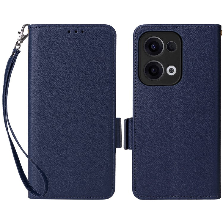 For Oppo Reno13 5G (Global) Case with Wrist Strap Litchi Texture PU Leather Wallet Phone Cover - Dark Blue