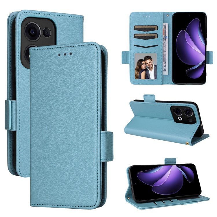 For Oppo Reno13 5G (Global) Case with Wrist Strap Litchi Texture PU Leather Wallet Phone Cover - Baby Blue