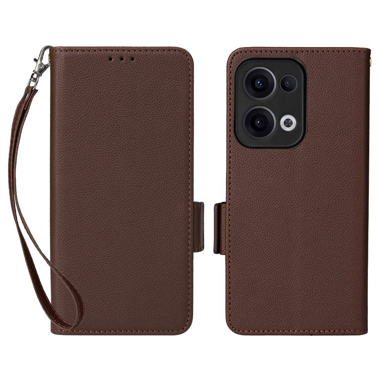 For Oppo Reno13 5G (Global) Case with Wrist Strap Litchi Texture PU Leather Wallet Phone Cover - Brown