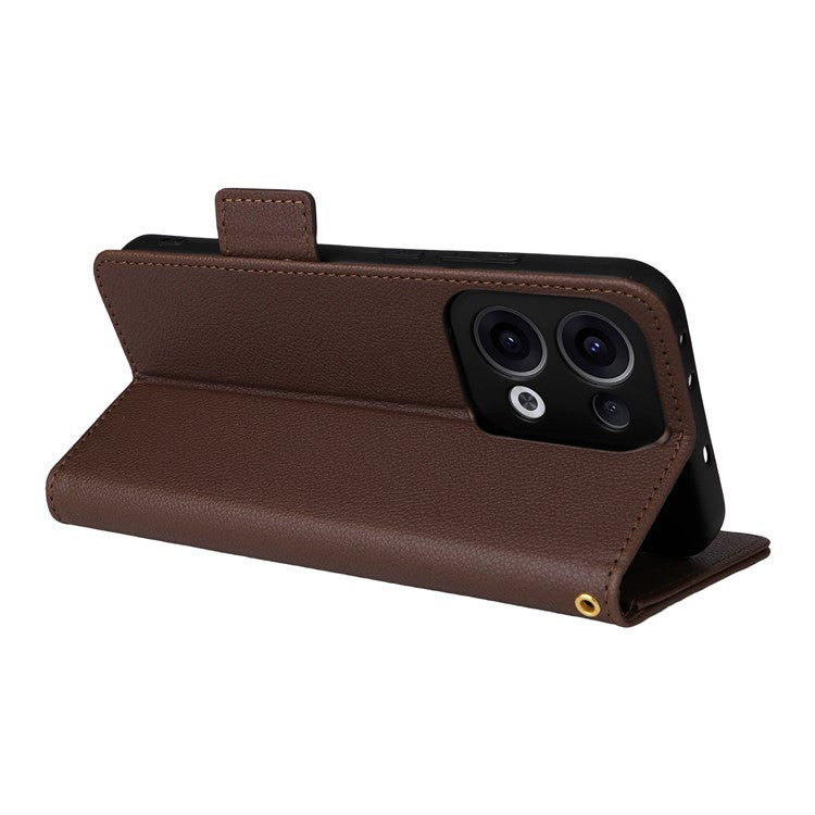 For Oppo Reno13 5G (Global) Case with Wrist Strap Litchi Texture PU Leather Wallet Phone Cover - Brown