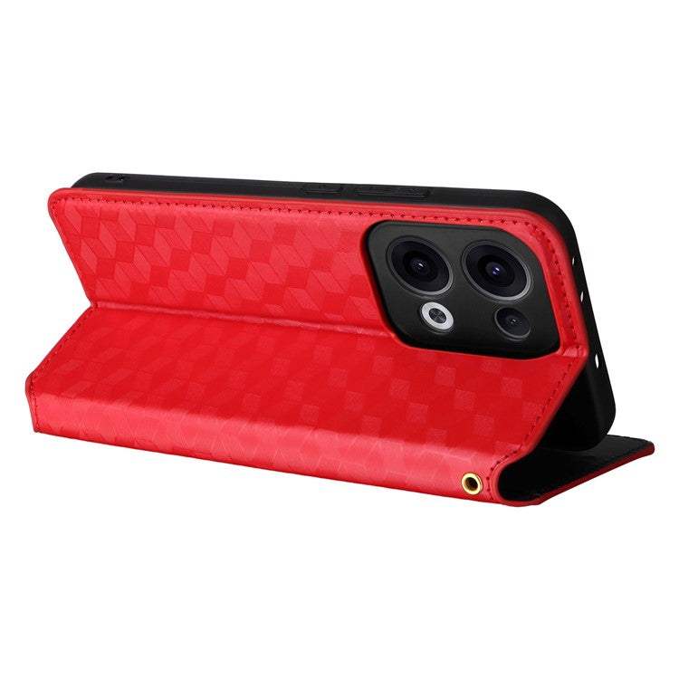 For Oppo Reno13 5G (Global) Wallet Case Rhombus Imprinted Leather Phone Cover - Red