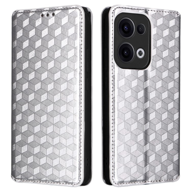 For Oppo Reno13 5G (Global) Wallet Case Rhombus Imprinted Leather Phone Cover - Silver