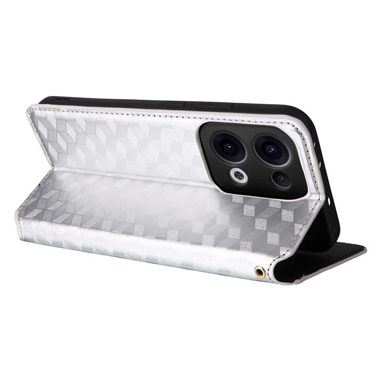 For Oppo Reno13 5G (Global) Wallet Case Rhombus Imprinted Leather Phone Cover - Silver