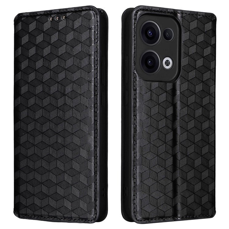 For Oppo Reno13 5G (Global) Wallet Case Rhombus Imprinted Leather Phone Cover - Black