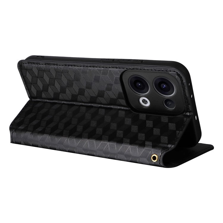 For Oppo Reno13 5G (Global) Wallet Case Rhombus Imprinted Leather Phone Cover - Black