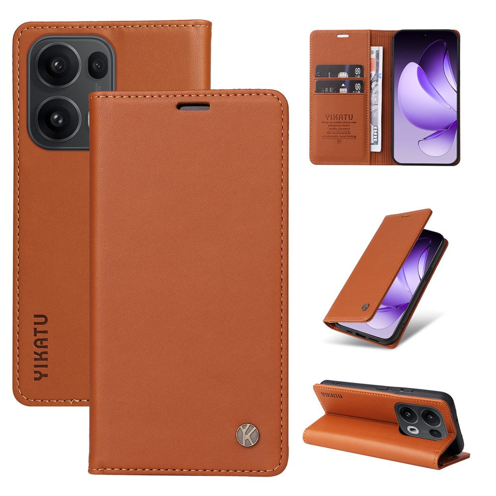 For Oppo Reno13 Pro 5G Phone Cases YIKATU Magnetic Closure PU Leather Mobile Cover - Brown