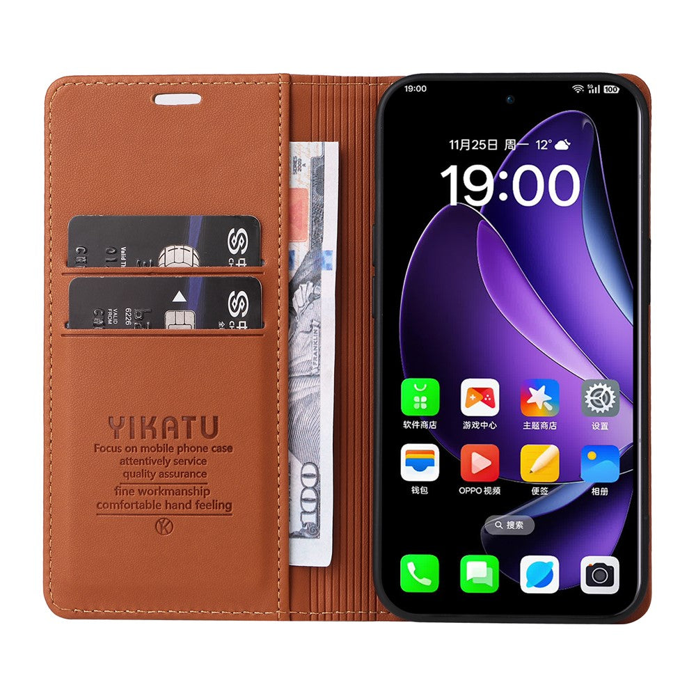 For Oppo Reno13 5G (Global) Phone Cases YIKATU Magnetic Closure PU Leather Mobile Cover - Brown