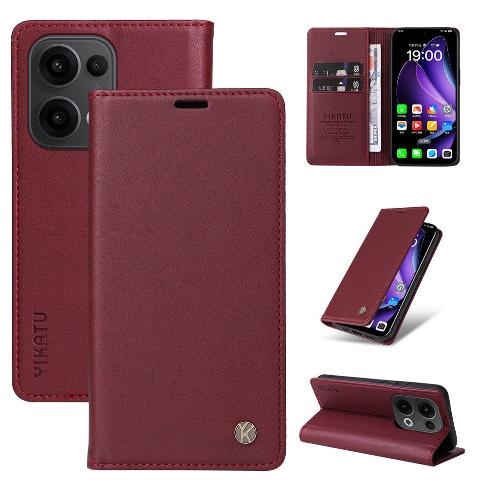 For Oppo Reno13 5G (Global) Phone Cases YIKATU Magnetic Closure PU Leather Mobile Cover - Wine Red