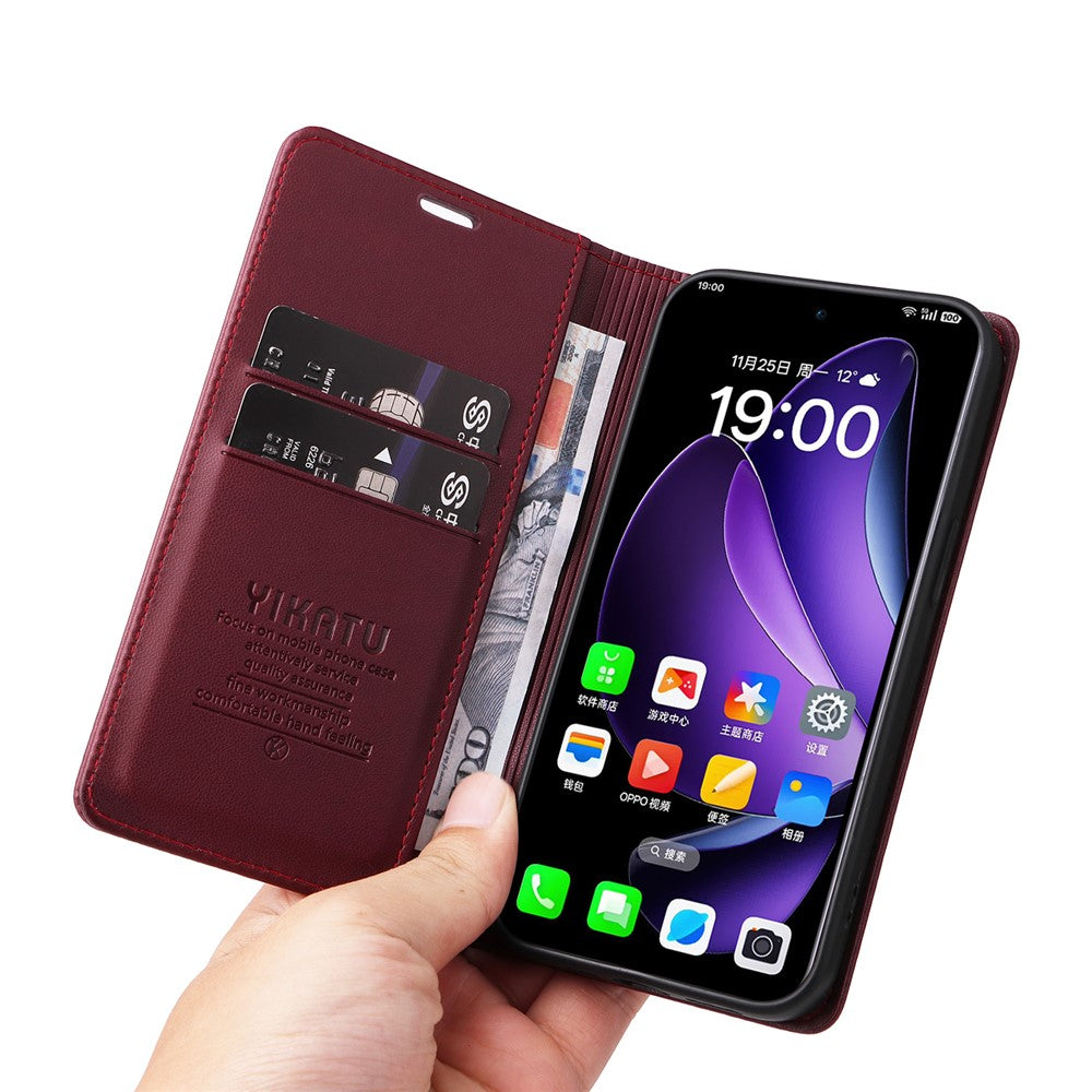 For Oppo Reno13 5G (Global) Phone Cases YIKATU Magnetic Closure PU Leather Mobile Cover - Wine Red