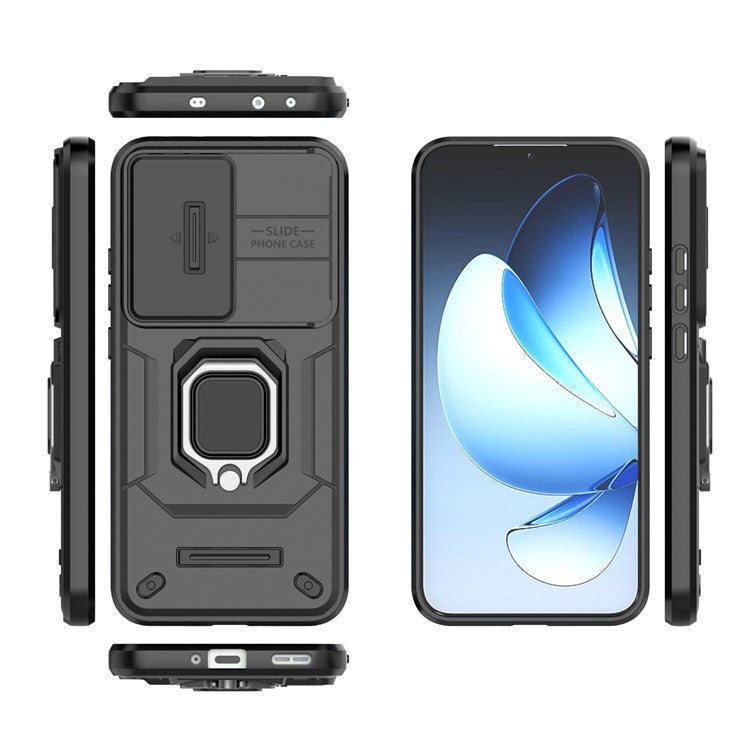 For Oppo Reno13 5G (Global) Case PC + TPU Kickstand Phone Protector with Lens Cover - Black