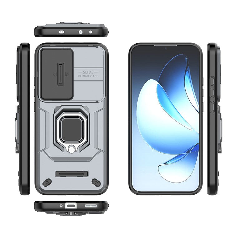 For Oppo Reno13 5G (Global) Case PC + TPU Kickstand Phone Protector with Lens Cover - Grey