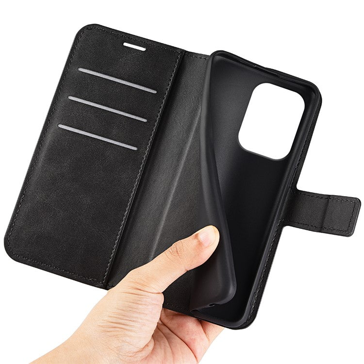 For Oppo Reno13 5G (Global) Stand Case Anti-Scratch Calf Texture Leather Phone Cover - Black