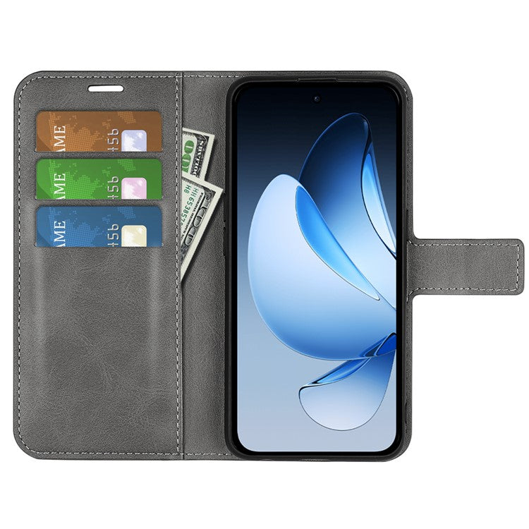 For Oppo Reno13 5G (Global) Stand Case Anti-Scratch Calf Texture Leather Phone Cover - Grey