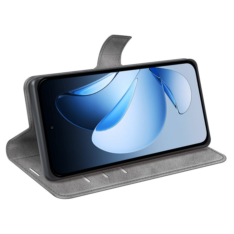For Oppo Reno13 5G (Global) Stand Case Anti-Scratch Calf Texture Leather Phone Cover - Grey