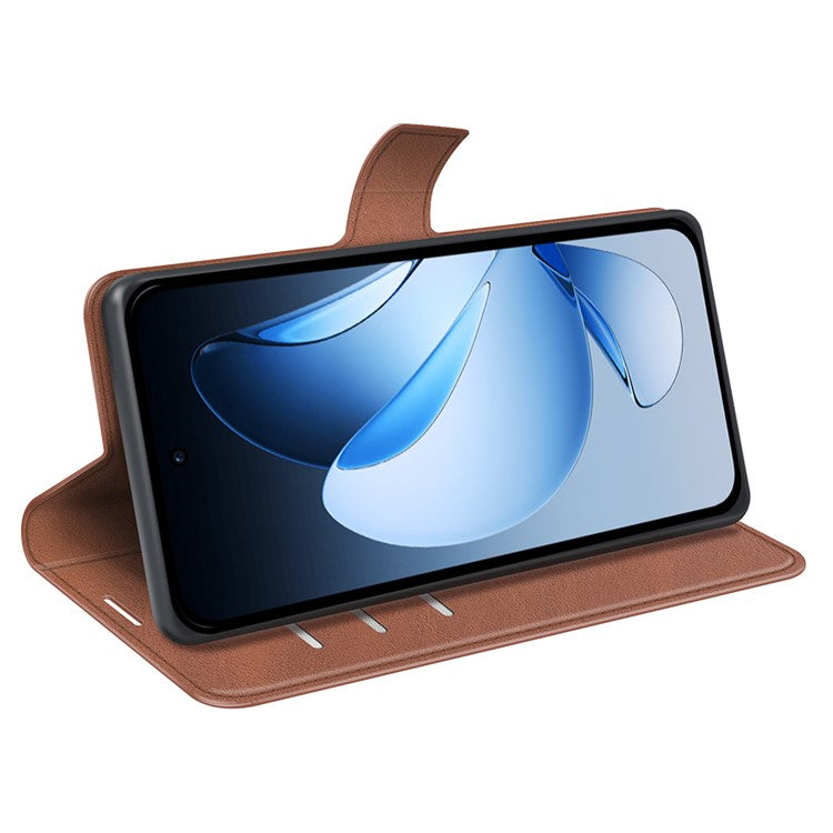 For Oppo Reno13 5G (Global) Stand Case Anti-Scratch Calf Texture Leather Phone Cover - Light Brown