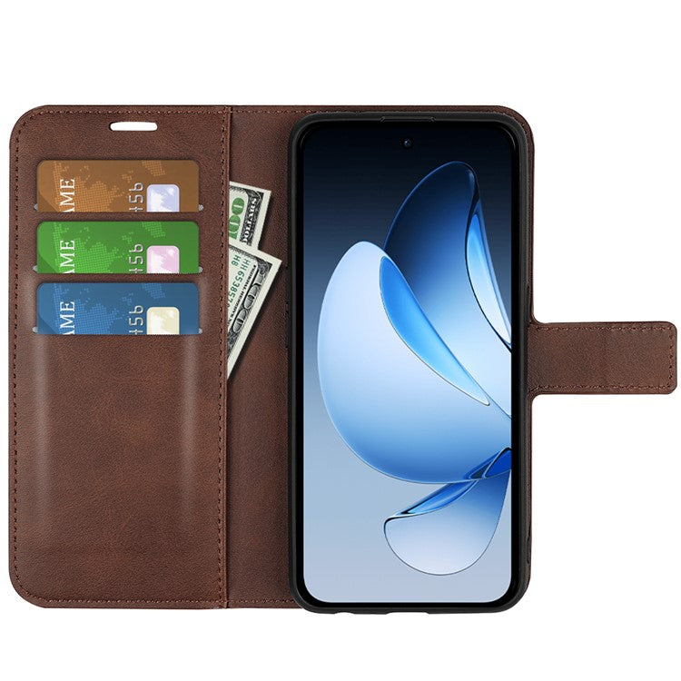 For Oppo Reno13 5G (Global) Stand Case Anti-Scratch Calf Texture Leather Phone Cover - Brown