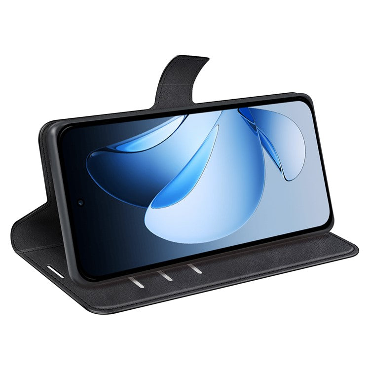 For Oppo Reno13 Pro 5G Stand Case Anti-Scratch Calf Texture Leather Phone Cover - Black