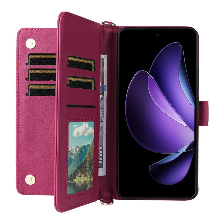 For Oppo Reno13 F 5G / 4G Wallet Case with Shoulder / Wrist Strap Leather Phone Cover Stand - Rose