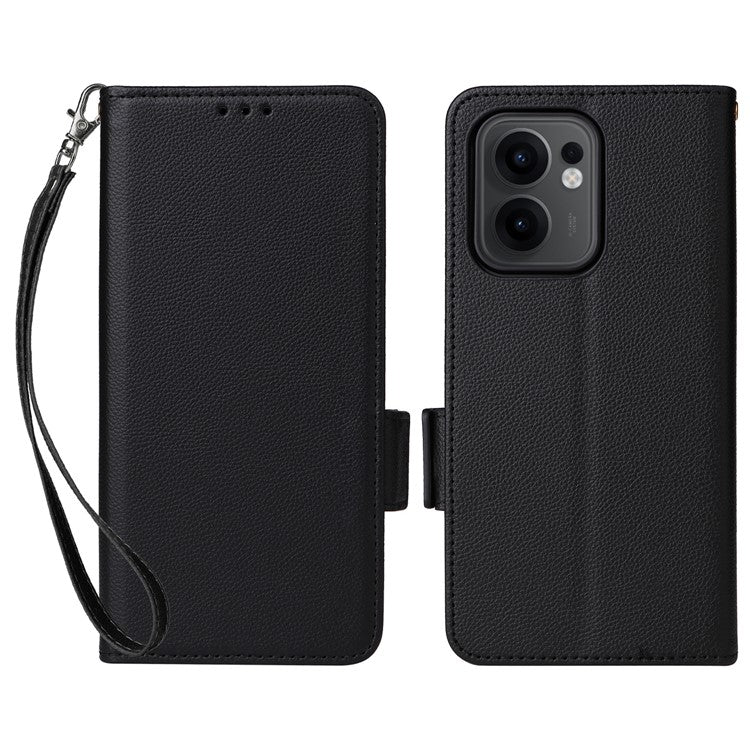 For Oppo Reno13 F 5G / 4G Case with Wrist Strap Litchi Texture PU Leather Wallet Phone Cover - Black