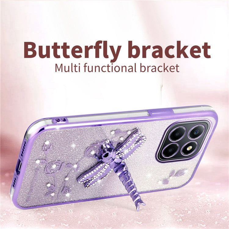 KADEM For Honor X8 5G Case Dragonfly Kickstand TPU Flowers Glitter Phone Cover - Pink