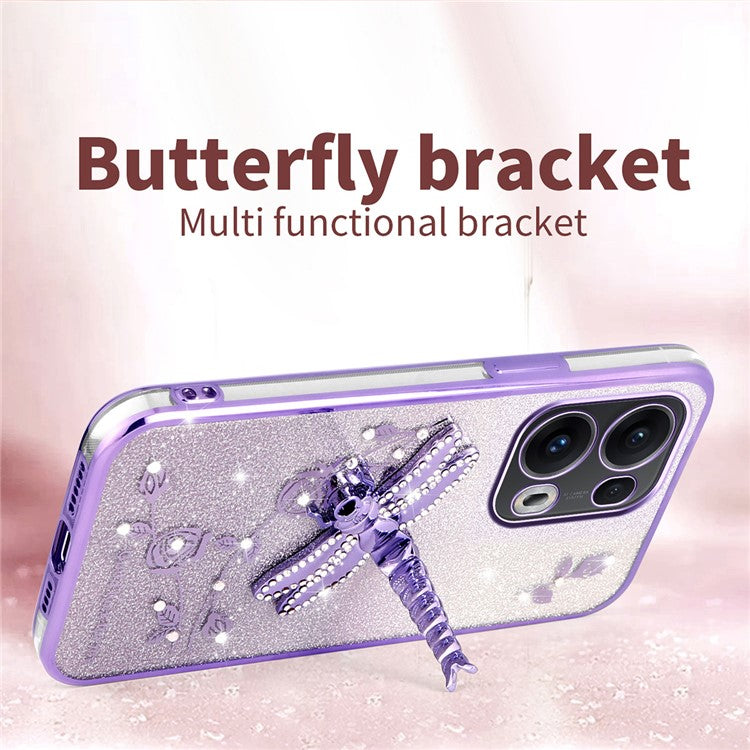 KADEM For Oppo Reno13 Pro 5G Case Dragonfly Kickstand TPU Flowers Glitter Phone Cover - Pink